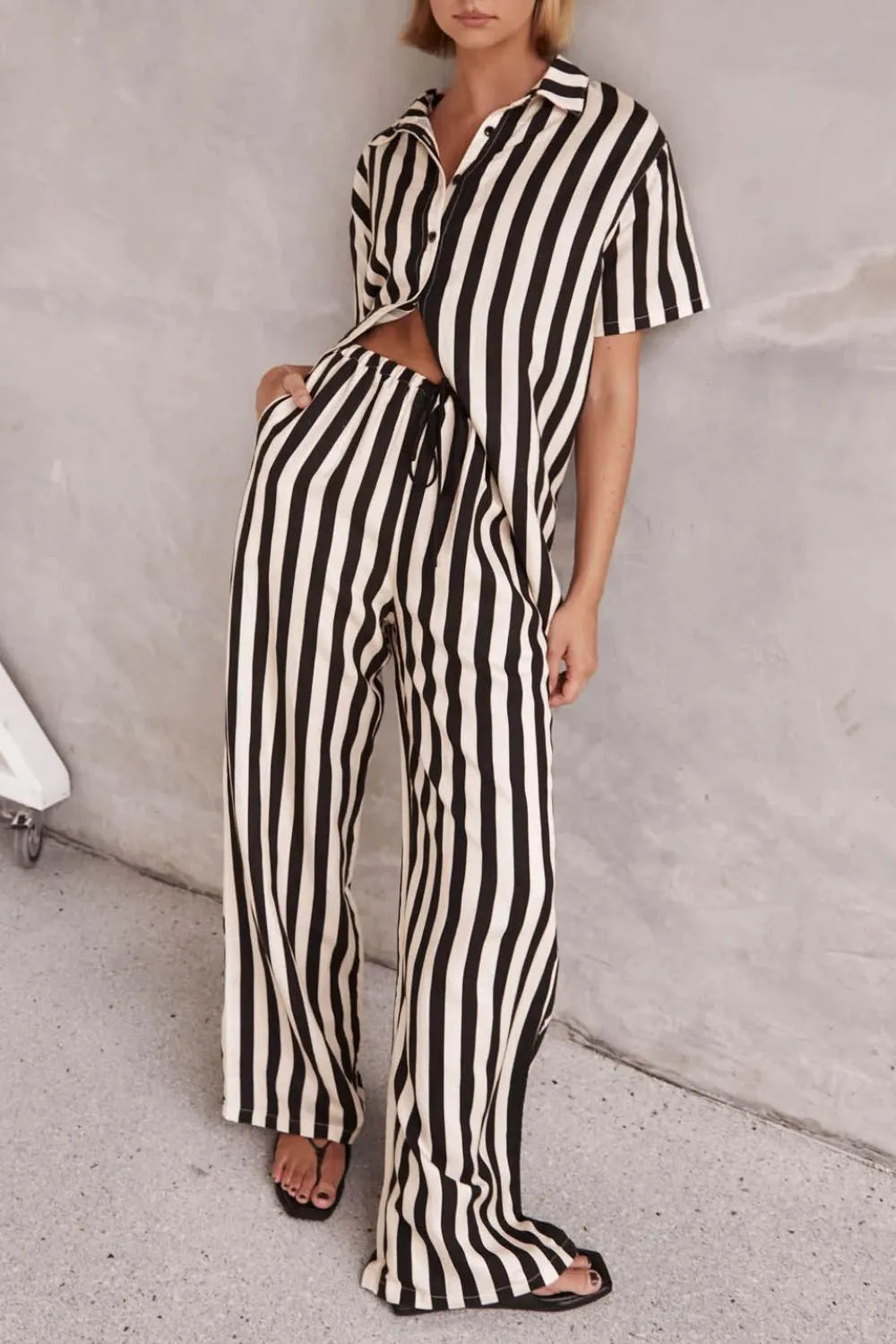 Black & White Vertical Stripe Two‐Piece Lounge Set