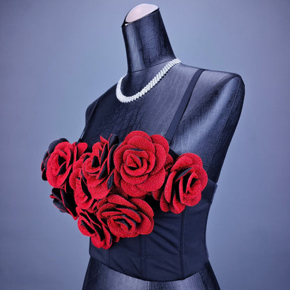 Thin Strap Corseted Top with 3D Rose Flowers Design Details