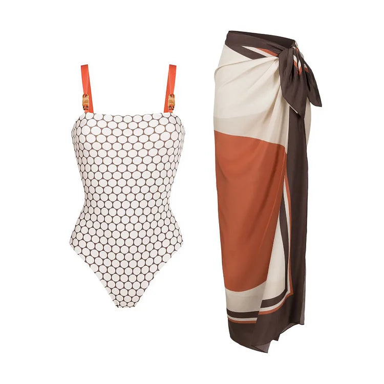 Reversible Retro Dot One-Piece Swimsuit with Colorblock Sarong - 2-in-1 Beach Set