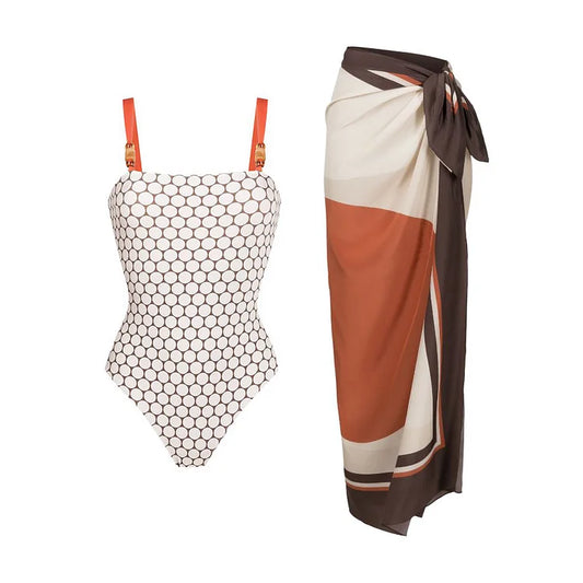 Reversible Retro Dot One-Piece Swimsuit with Colorblock Sarong - 2-in-1 Beach Set