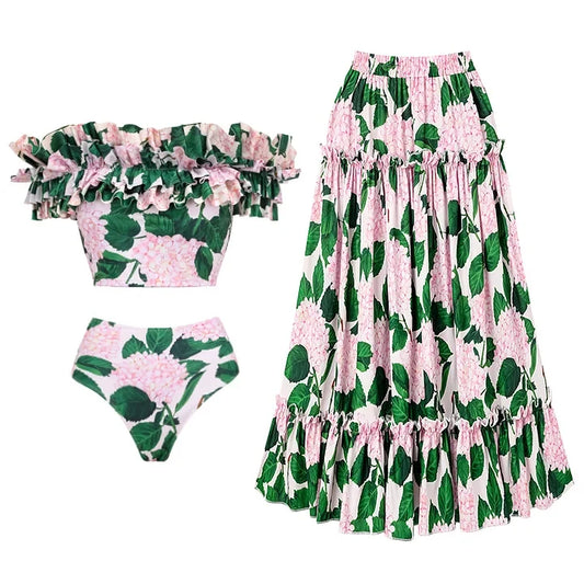 Hydrangea Print Ruffle Bikini & Maxi Skirt Set