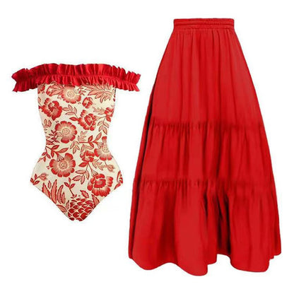 Flamenco Bloom Off-Shoulder Swimsuit & Maxi Skirt Set