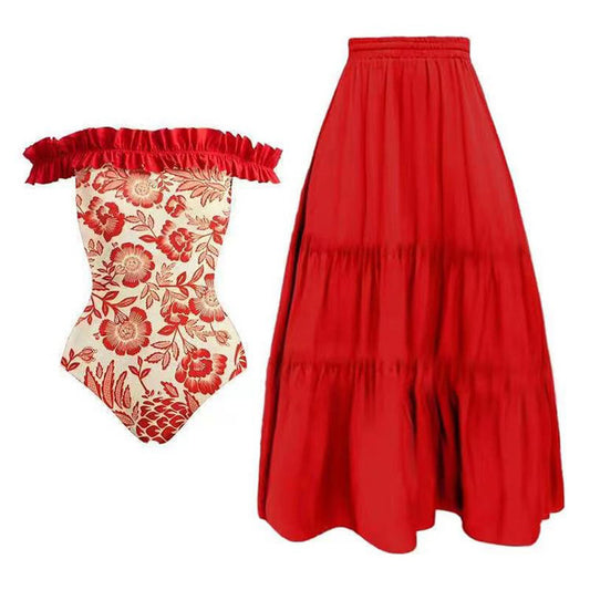 Flamenco Bloom Off-Shoulder Swimsuit & Maxi Skirt Set