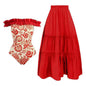 Flamenco Bloom Off-Shoulder Swimsuit & Maxi Skirt Set