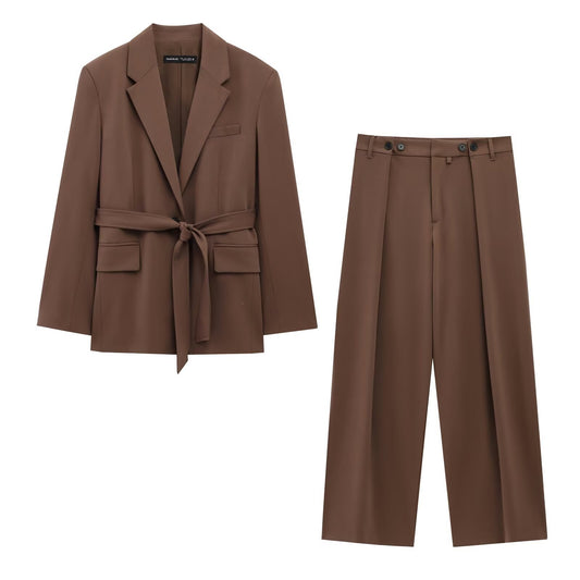 Chocolate Brown Belted Blazer & Trousers Set – Timeless Elegance, Effortless Power