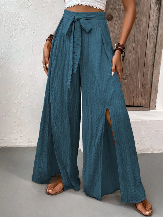 High-Waisted Wide-Leg Slit Pants with Self-Tie Waist (Black | Teal)