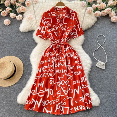 Beautiful Letter Print Single Breasted  Midi Long Dress