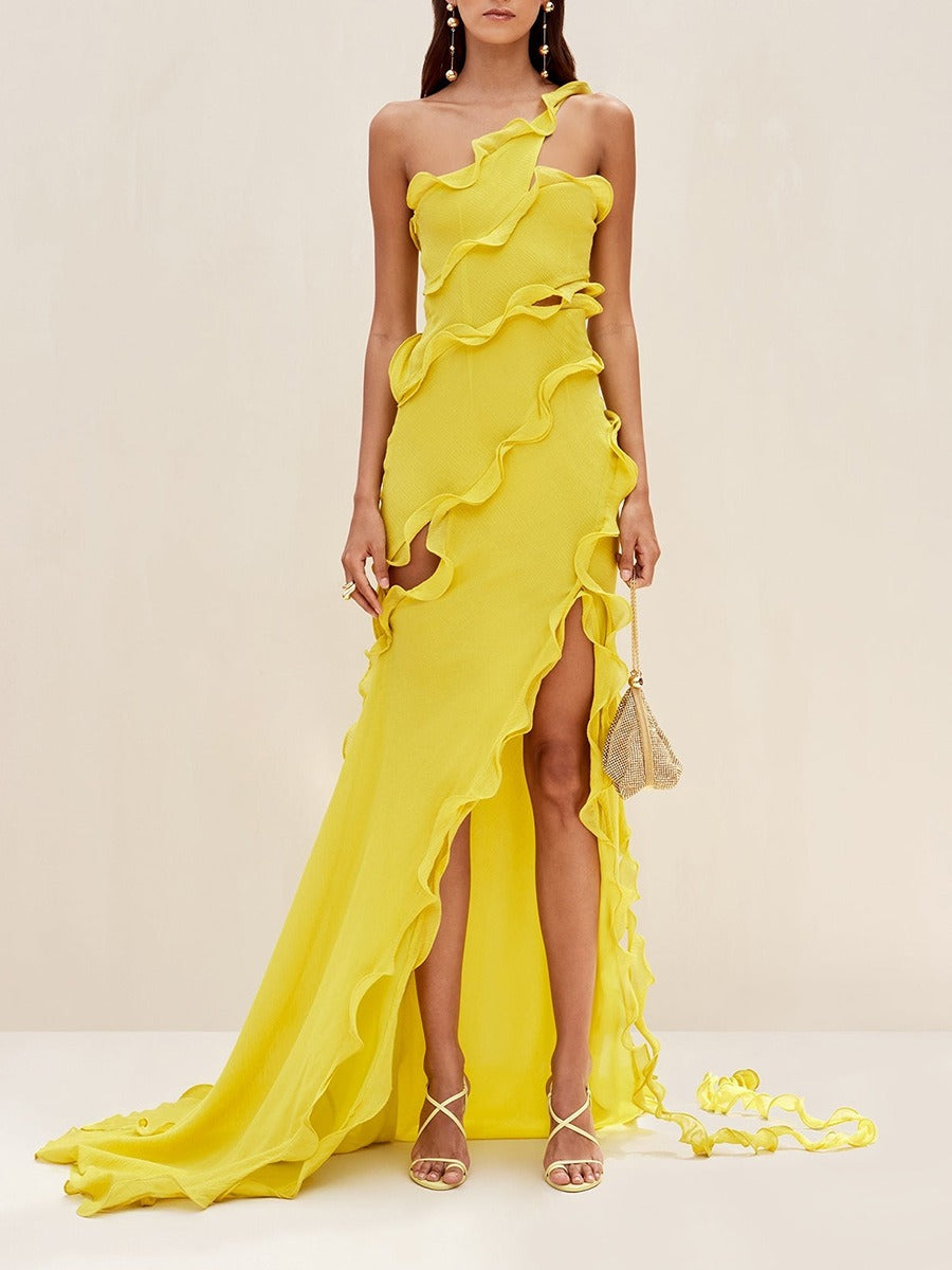 Elegant style one shoulder dress long Sunflower Yellow Dress