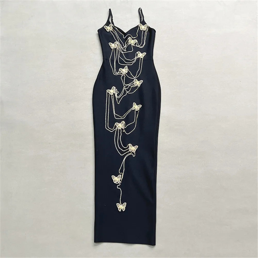 Fashionable Black Figure Accentuating Dress with Embroidered Butterfly Bead Chains