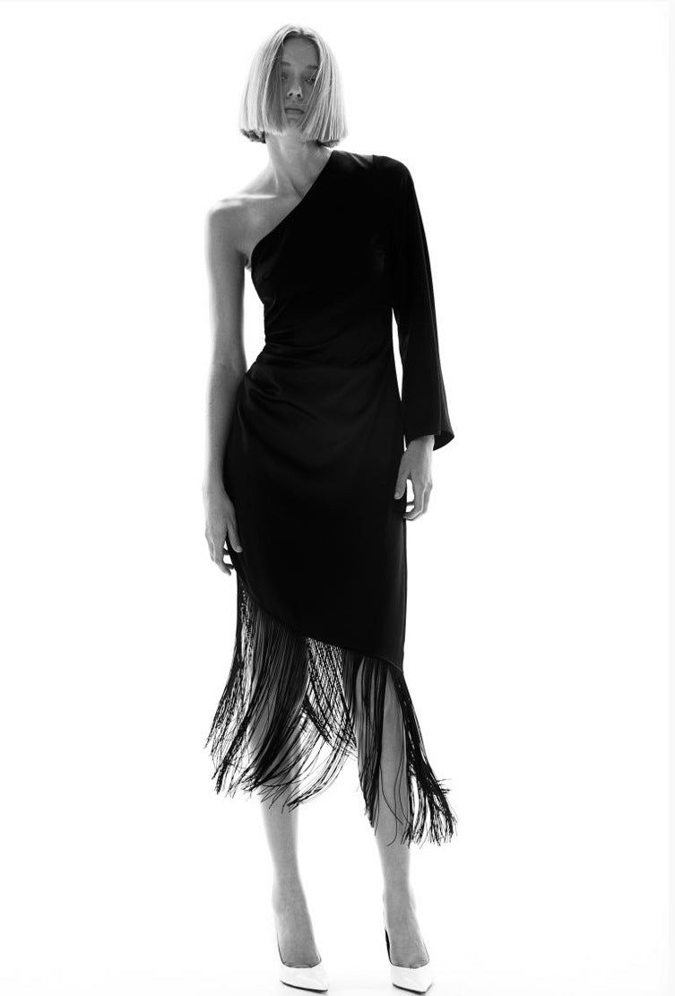 Elegant  Fringe Dress  With Asymmetrical Sleeve