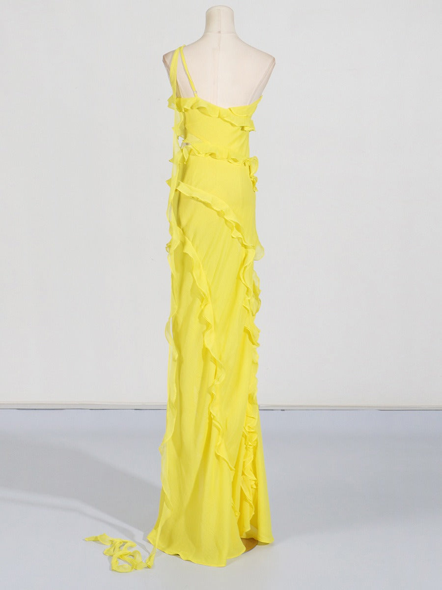 Elegant style one shoulder dress long Sunflower Yellow Dress