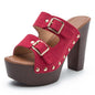 Chunky Buckle Platform Heels – Retro Wood Grain Block Sandals
