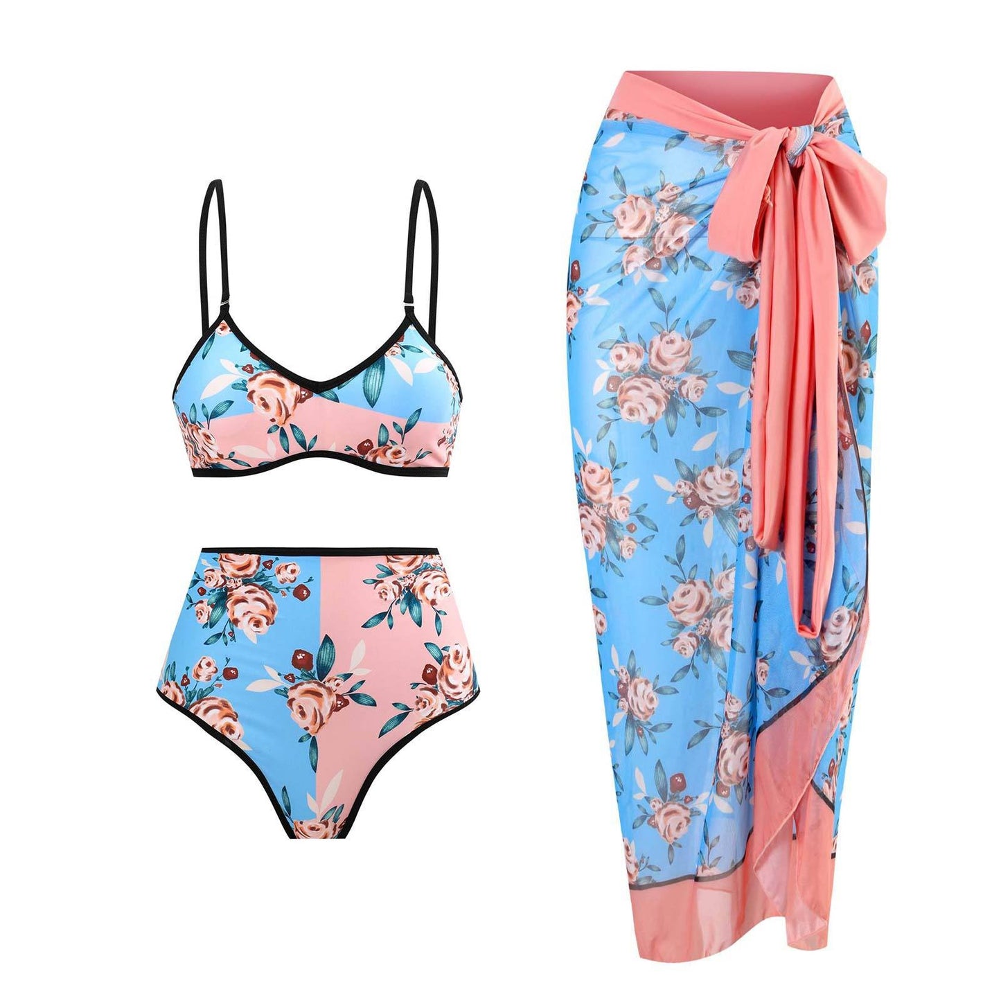 Three-piece Set of Retro Style Print Swimsuits Paired with a Matching Sarong in Multiple Designs