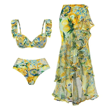 Sorrento Lemon Ruffle Bikini Set with Matching Sheer Skirt