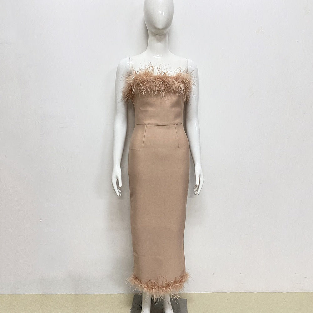 Elegant Sleeveless Dress with Feather Design on Hem and Bodice