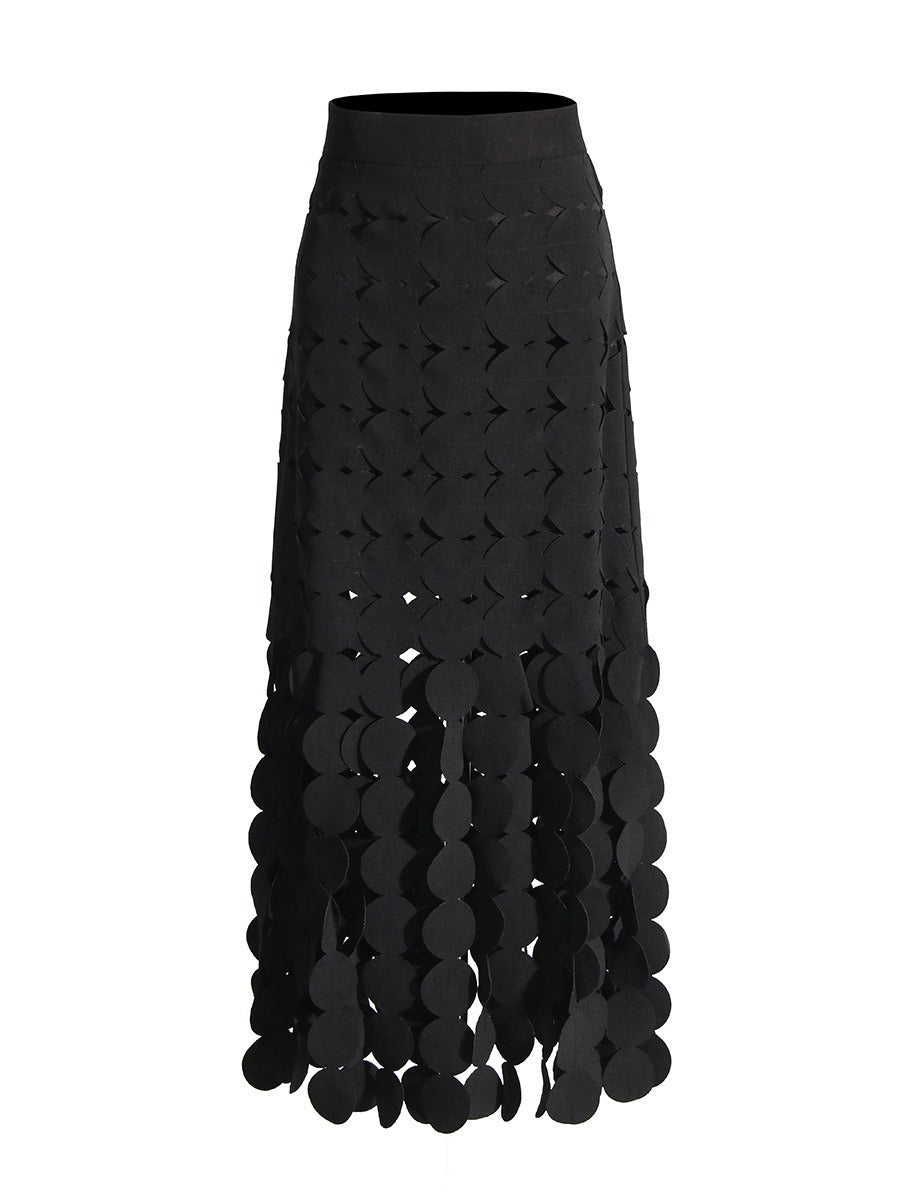 High Waisted Skirt with Circular Spliced Fringe