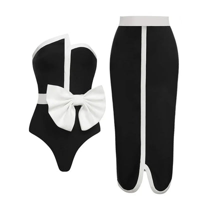 Monochrome Muse 2-Piece Bow Swimsuit & Skirt Set