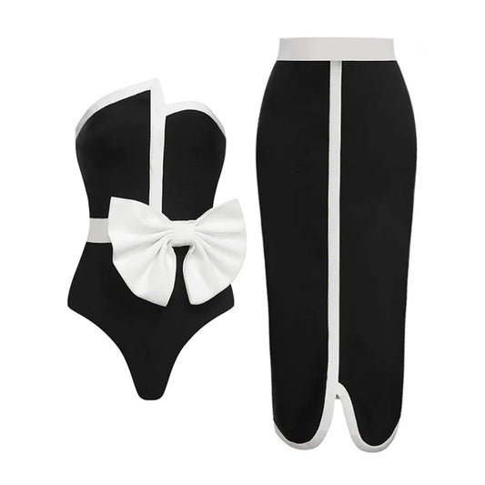 Monochrome Muse 2-Piece Bow Swimsuit & Skirt Set