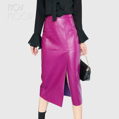 Sleek Genuine Leather Pencil Skirt with Front Slit – Available in Magenta Purple & Classic Black