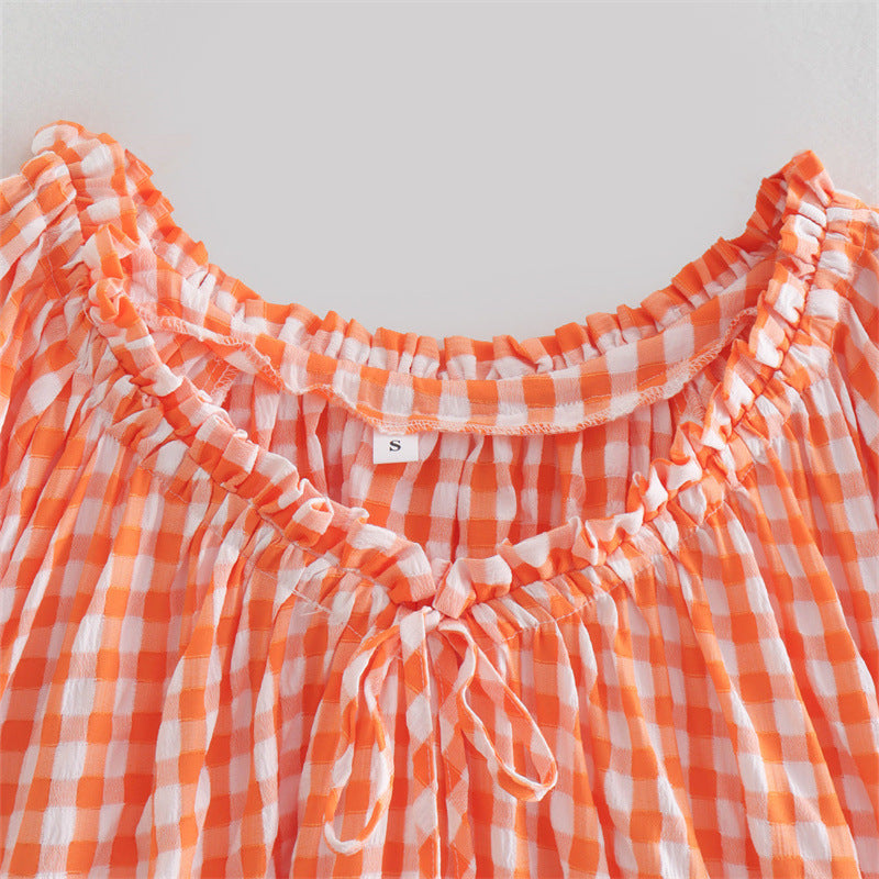 Orange Gingham Puff Sleeve Dress – Sun-Kissed & Effortless