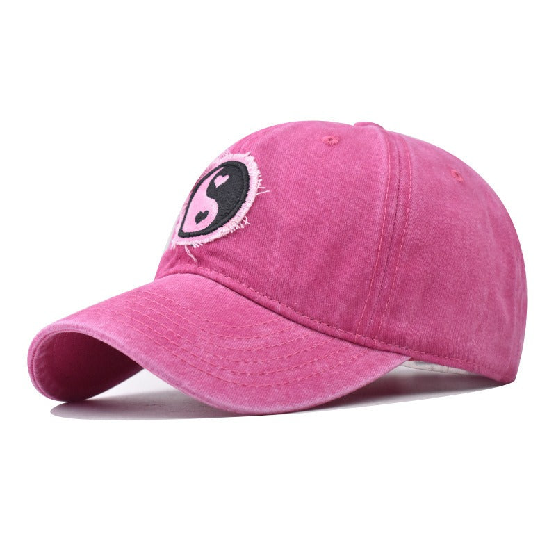 Distressed Pure Cotton  Baseball Cap with an Embroidered Pink and Black Yin-Yang Logo