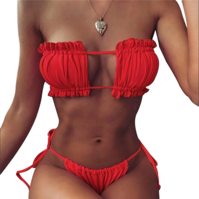 Ruffle Edge Bandeau Bikini Set – Multiple Colors