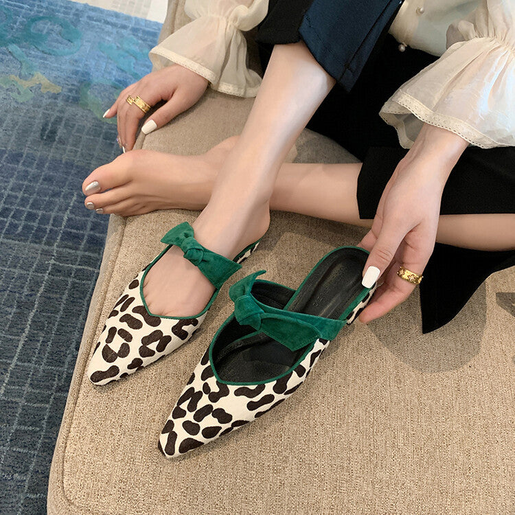 Leopard Bow-Embellished Pointed-Toe Mule Flats
