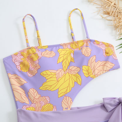 Lilac Bloom Cutout Swimsuit & Chiffon Sarong Set