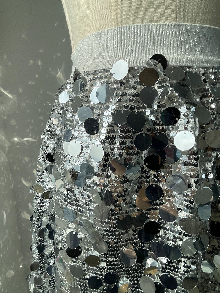 Dazzling Silver Sequin Skirt With  Elastic Waist