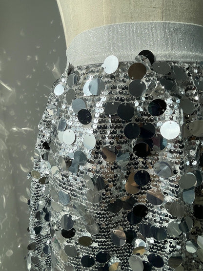 Dazzling Silver Sequin Skirt With  Elastic Waist