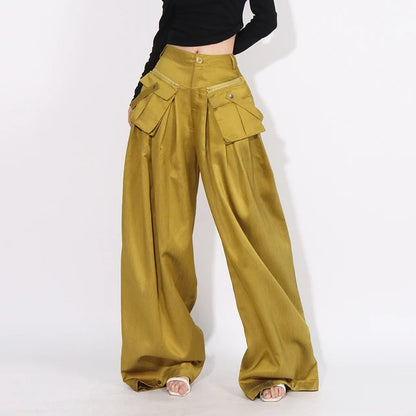 Stylish Floor Length Wide Legged High Waisted Loose Pants With Hanging Pockets