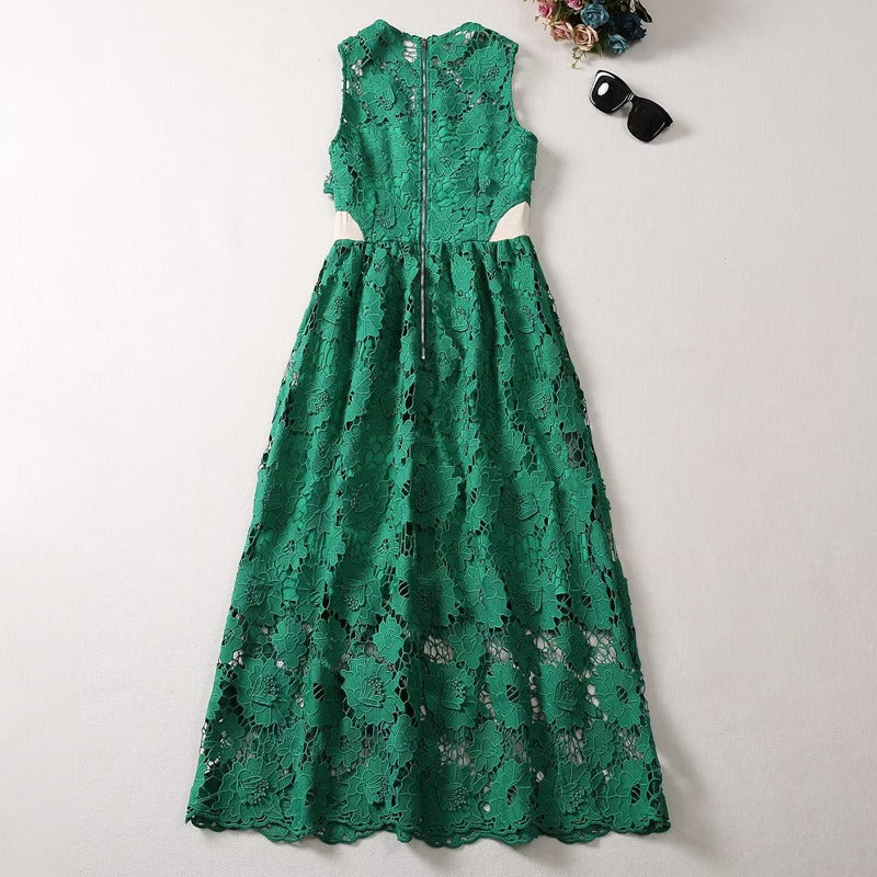 Beautiful Green Mid Length Lacy Dress  With Sides Cut Outs