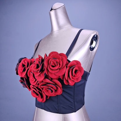 Thin Strap Corseted Top with 3D Rose Flowers Design Details