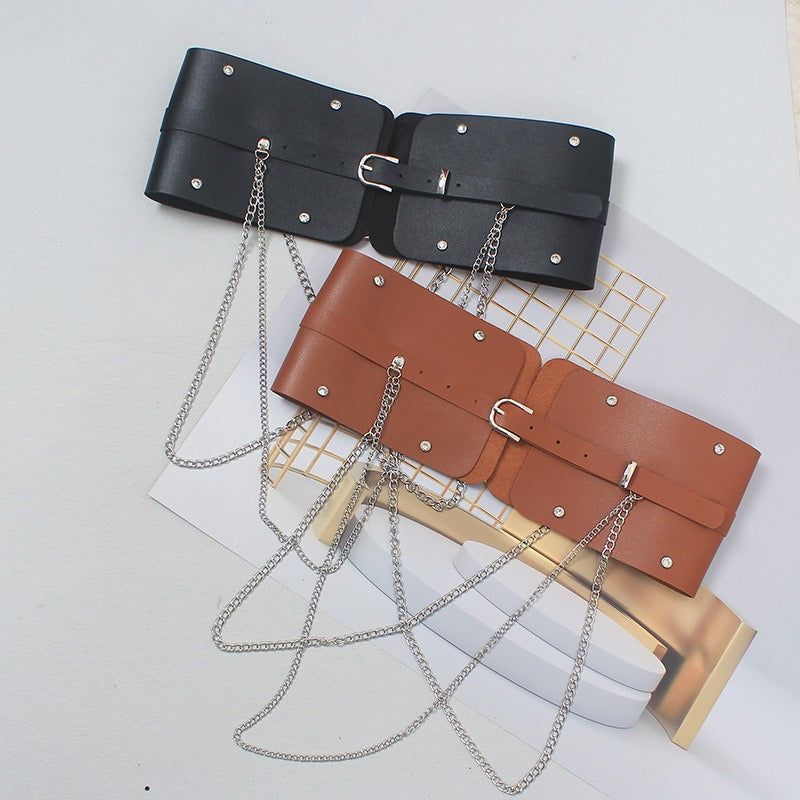 Edgy Wide Waist Belt with Chain Detail – Statement Style in Black or Camel