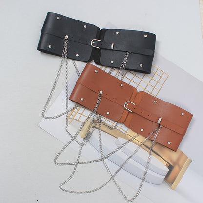 Edgy Wide Waist Belt with Chain Detail – Statement Style in Black or Camel