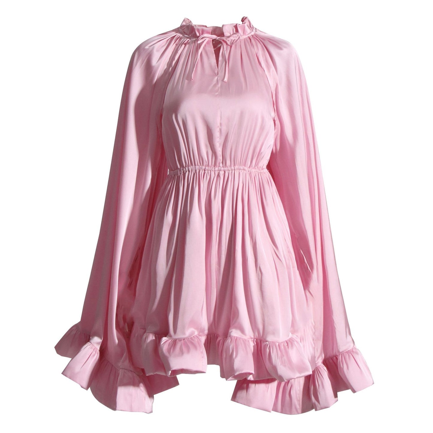 Beautiful Cape Dress with a Cinched Waist and Ruffled Hem