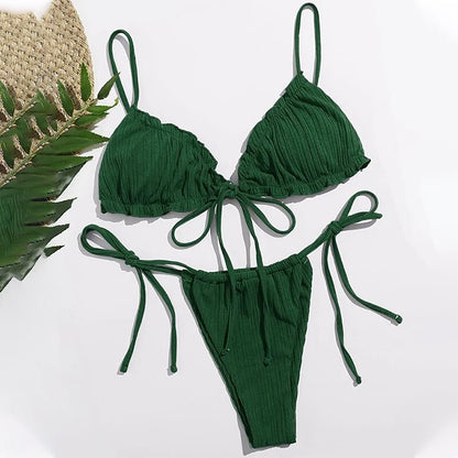 Ribbed Tie-Front Triangle Bikini Set-Multiple Colors