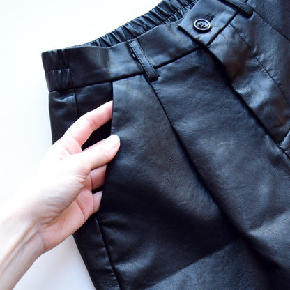 In Season Faux Leather Tailored Shorts, Sizes S-3XL, Green, Black, Khaki Colors.