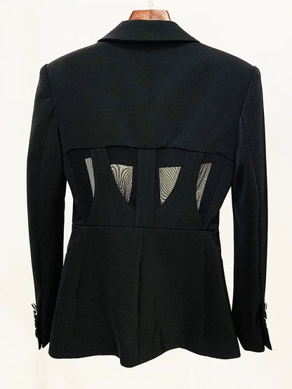 Sheer-Panel Tailored Blazer & Fluted Mesh-Hem Trousers Set (Black)