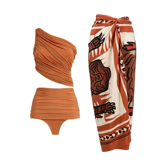 Savannah Heat One-Shoulder Swimsuit & Tiger Print Sarong Set