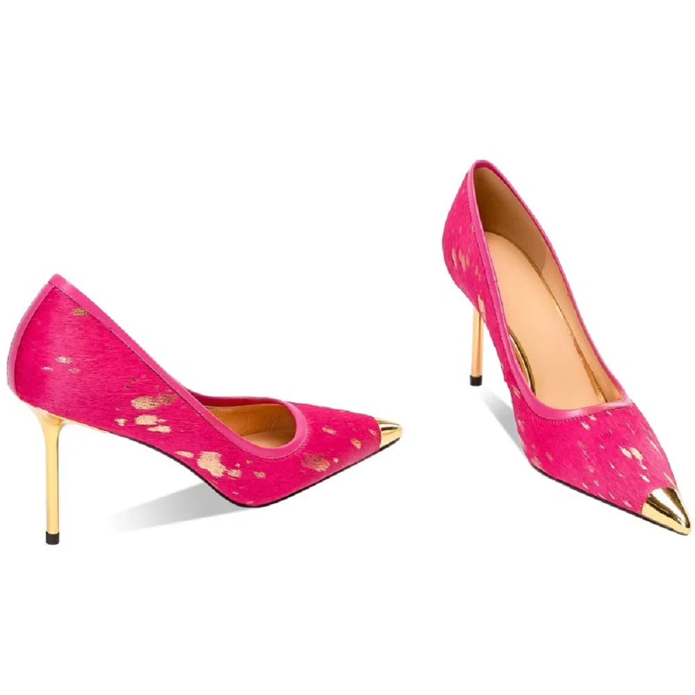 Gilded Splatter Pony-Hair Pointed-Toe Stiletto Leather Pumps