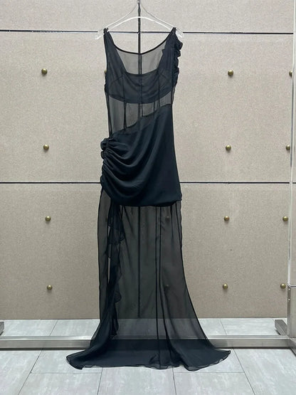 New Sleeveless Sheer  Long Black Gown  with 3D Flowers 
and  Ruffles