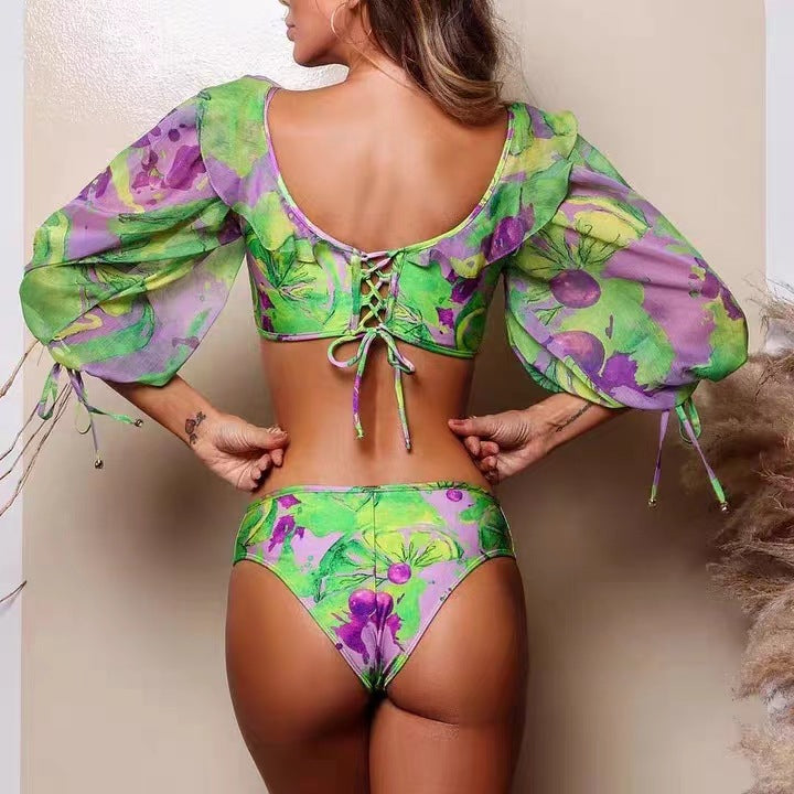 Tropical Bloom Puff Sleeve Cut-Out One-Piece Swimsuit