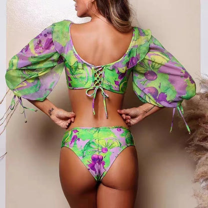 Tropical Bloom Puff Sleeve Cut-Out One-Piece Swimsuit