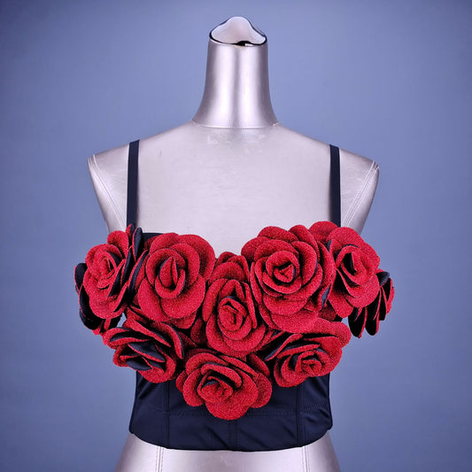 Thin Strap Corseted Top with 3D Rose Flowers Design Details