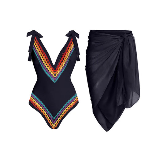 Rainbow Vibe One-Piece Swimsuit Set with Sheer Black Sarong