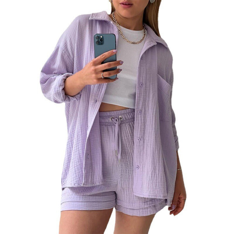 Women's Wrinkled Long-sleeved Shirt and High-waisted Drawstring Shorts Two-piece set, Comes in Multiple Colors