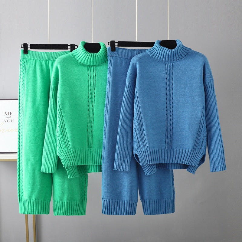 Two-Piece High Neck Knot Pullover and Matching Loose  Wide Leg Pants, Multiple  Colors