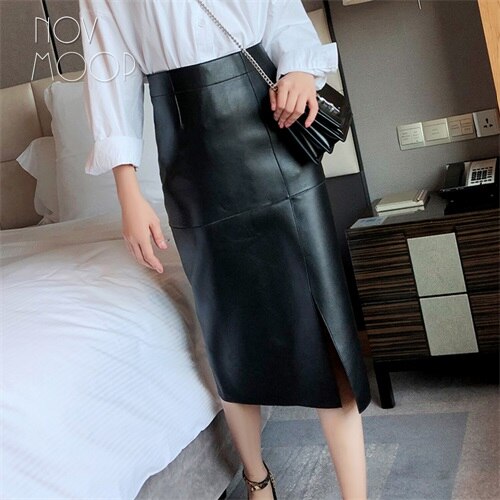 Sleek Genuine Leather Pencil Skirt with Front Slit – Available in Magenta Purple & Classic Black