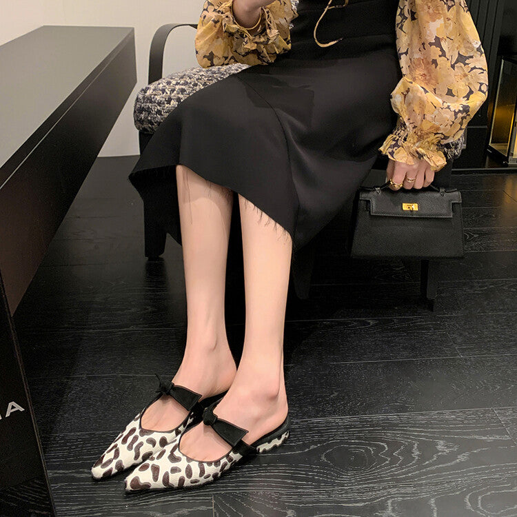 Leopard Bow-Embellished Pointed-Toe Mule Flats